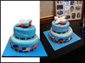 world theme cake to celebrate the retirement of a former pilot, featuring flags from around the world and a red airplane topper