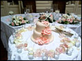 white and pink wedding cake for a catered Long Island wedding