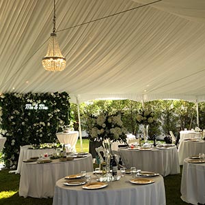 A lovely outdoor wedding reception showcasing beautifully arranged tables, greenery, under a tent