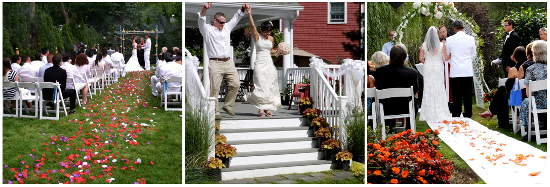 3 pictures of catered Long Island off premise weddings, first couple saying their vows, second couple being introduced and third couple standing arm in arm during their back yard wedding ceremony