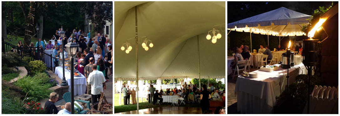 picture of coctail hour catering for a Long island wedding, beautiful catering tent with chandelier lighting, and torches lighting up the party scene during a catered back yard party