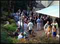 birds eye view of a catered backyard wedding coctail hour